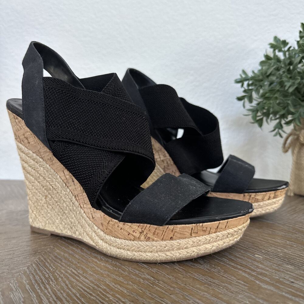 Charles by Charles David Black Elastic Crisscross Wedge Espadrille Sandals Sz 9